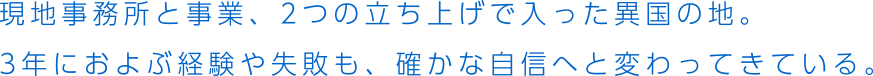 現地事務所と事業、2つの立ち上げで入った異国の地。3年におよぶ経験や失敗も、確かな自信へと変わってきている。